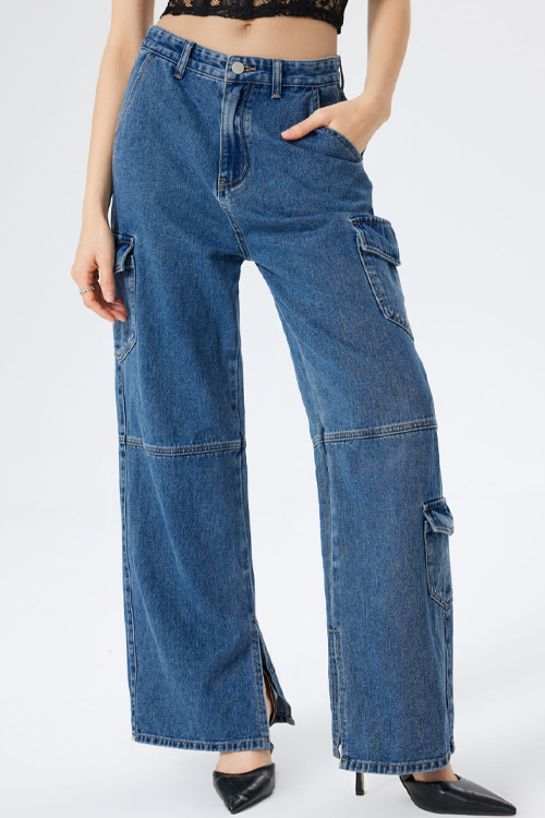 Denim Split Straight Leg Pocket Jeans