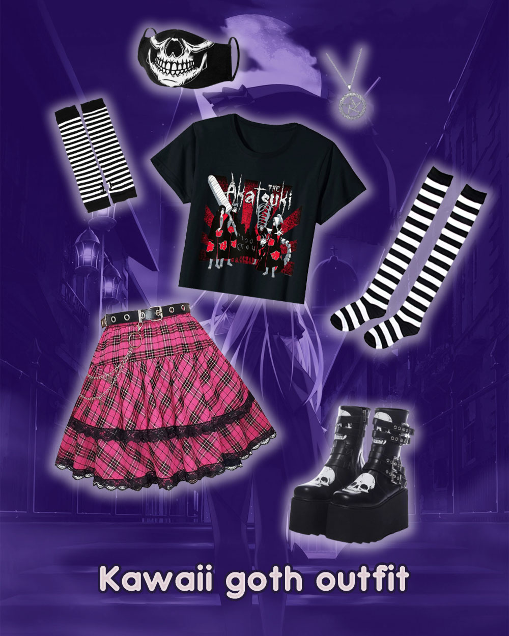 Goth kawaii outfit inspiration - mini plaid skirt, platform boots, striped high socks, striped fingerless gloves, skull face mask, black baby tee, and gothic accessories