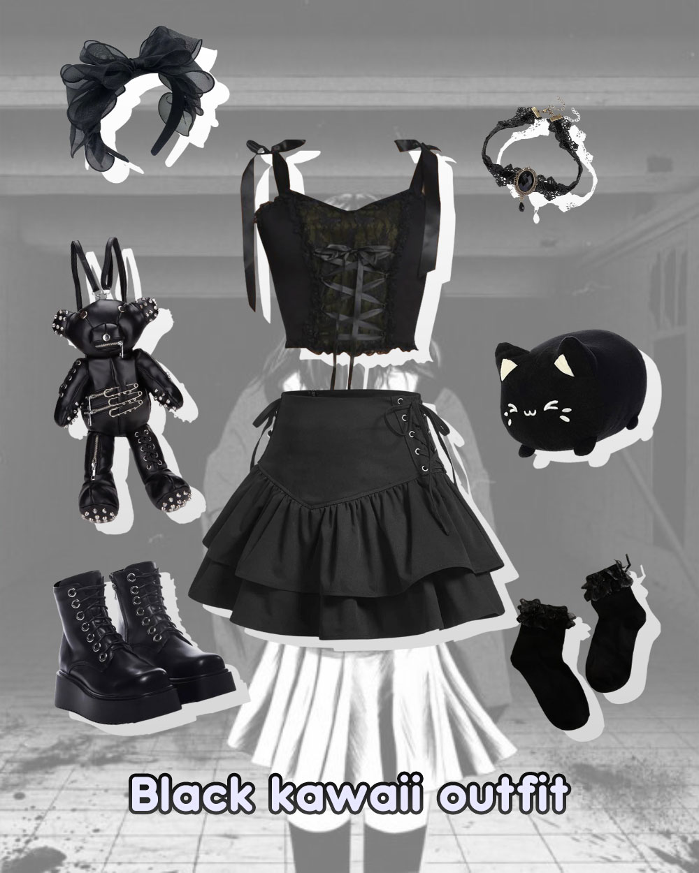 black kawaii outfit inspiration - corset top, miniskirt, bow headband, chocker, platform boots, laced socks, teddy backpack, cat plush
