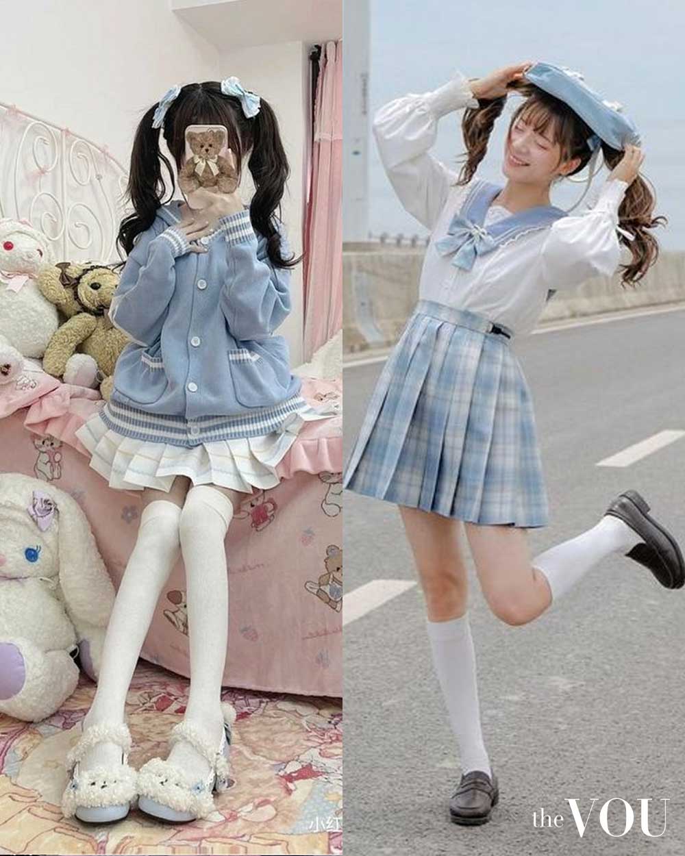 blue kawaii outfit inspiration - bow, cardigan, pleated plaid mini skirt, sailor blouse, japanese school outfit