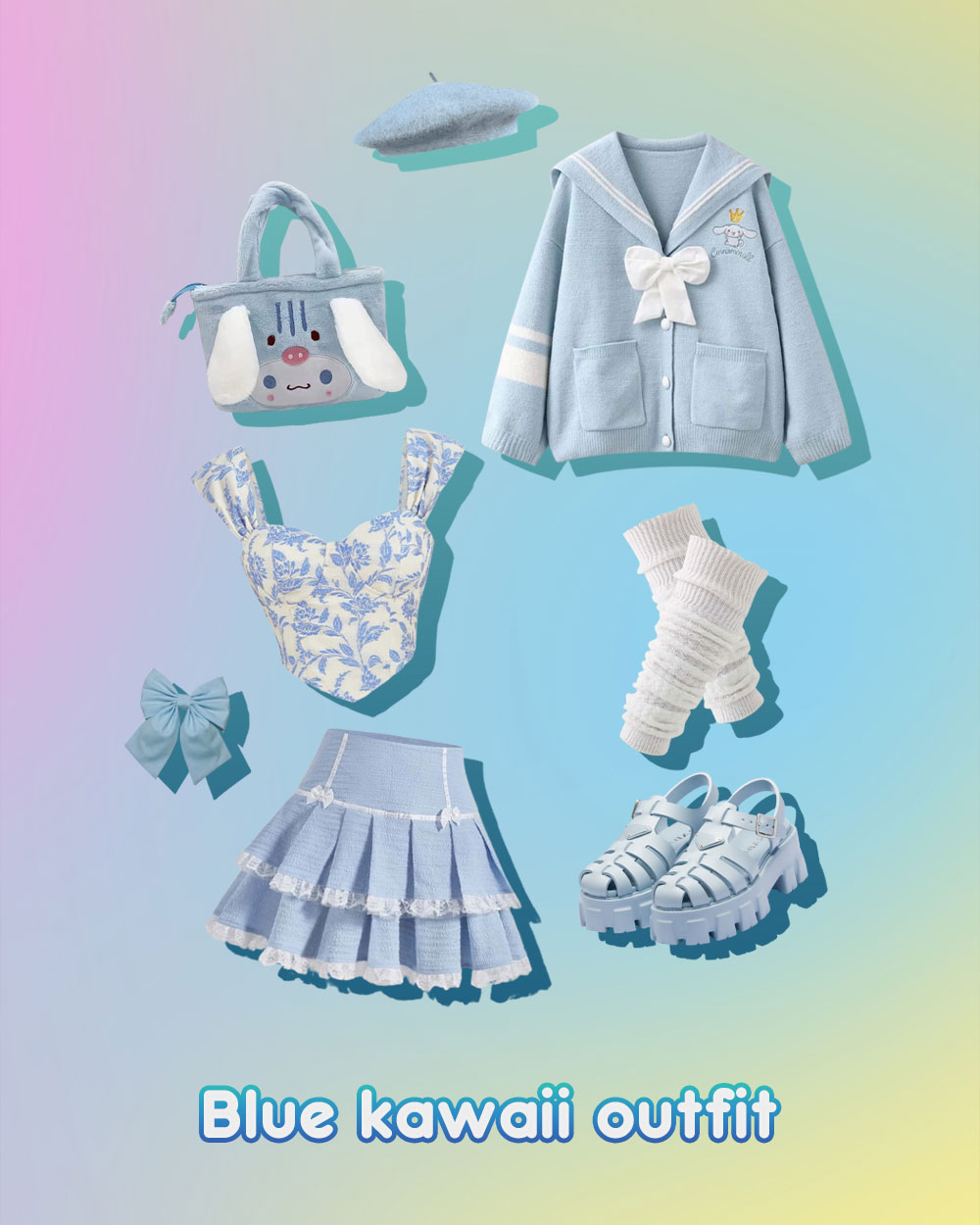 Blue kawaii outfit inspiration - sailor cardigan, handbag, corset, legwarmer, bow, pleated miniskirt, platform sandals