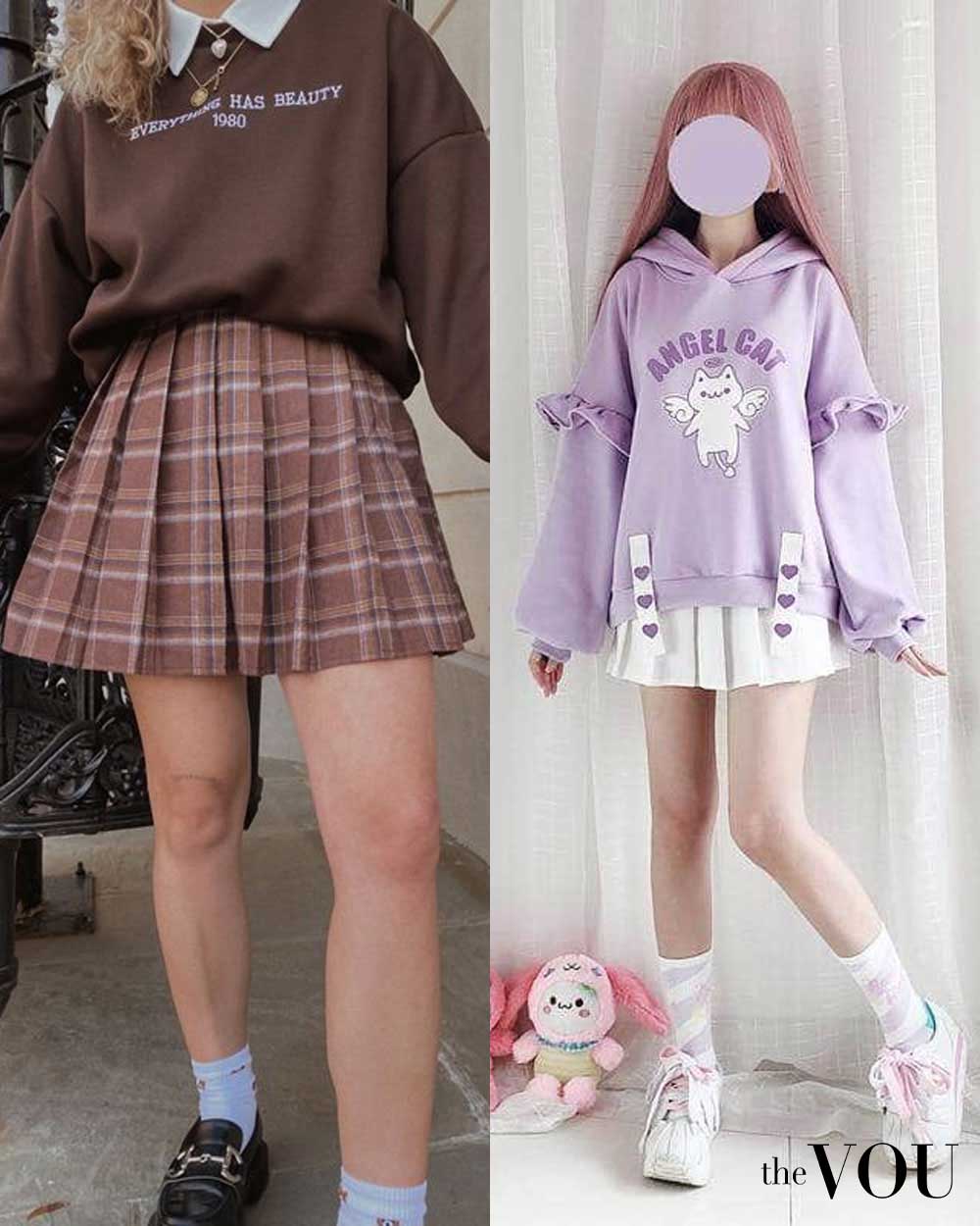 casual kawaii outfit - hoodie, pleated plaid miniskirt, socks