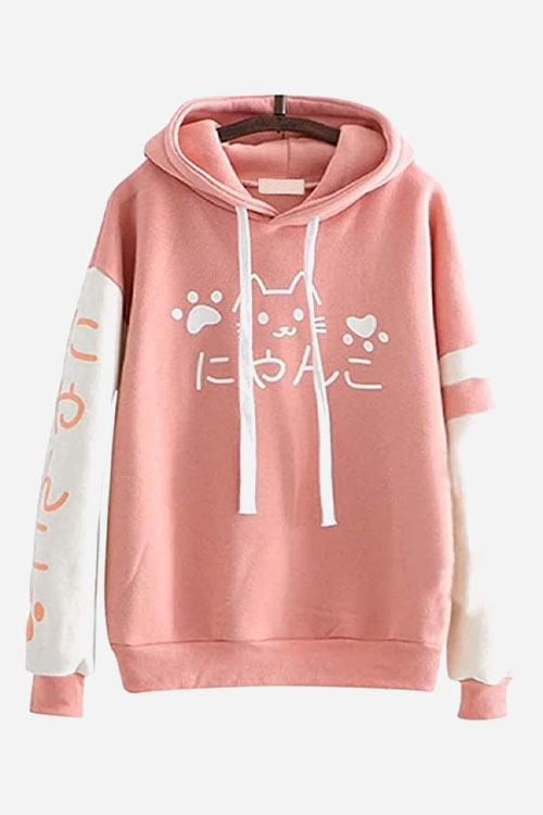 pink hoodie with cat print