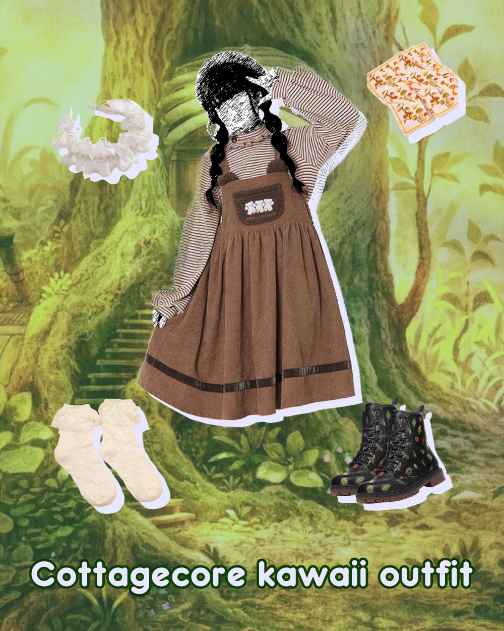 cottagecore kawaii outfit inspiration jumpsuit dress, striped ruffle blouse, ruffle headband, laced socks, lace boots