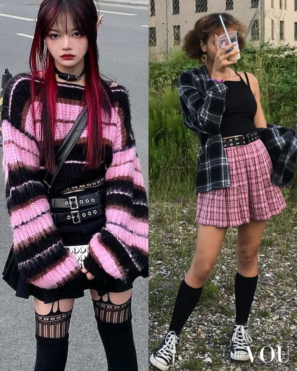 Dual kawaii outfit inspiration - cropped sweatshirt, miniskirt, stockings, belts