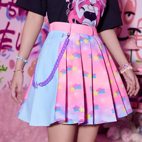 Anime Star Print Colorblock Pleated Skirt
