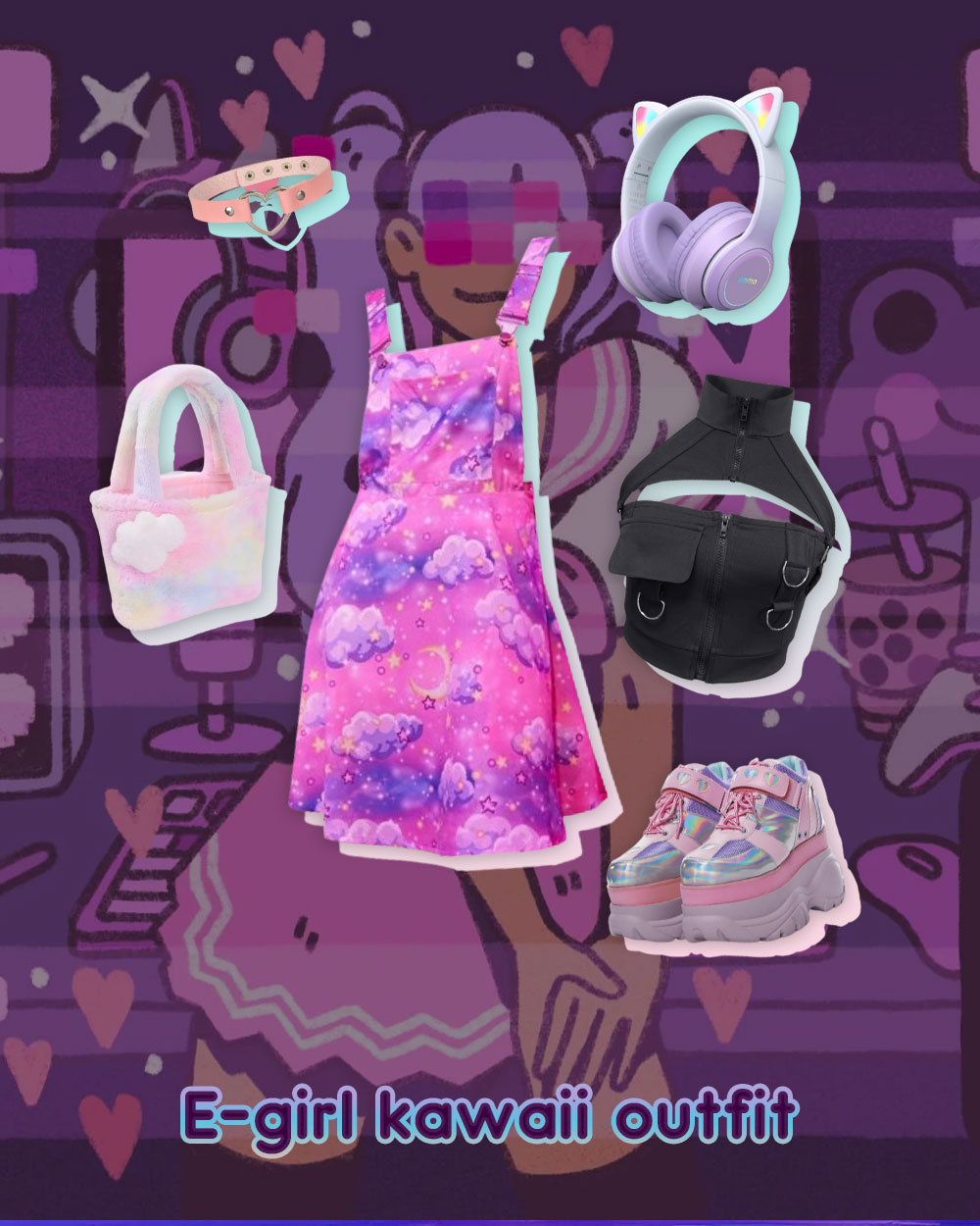 kawaii egirl outfit inspirations - chocker, cat ears headphones, handbag, jumpsuit mini dress, cargo top, platform shoes