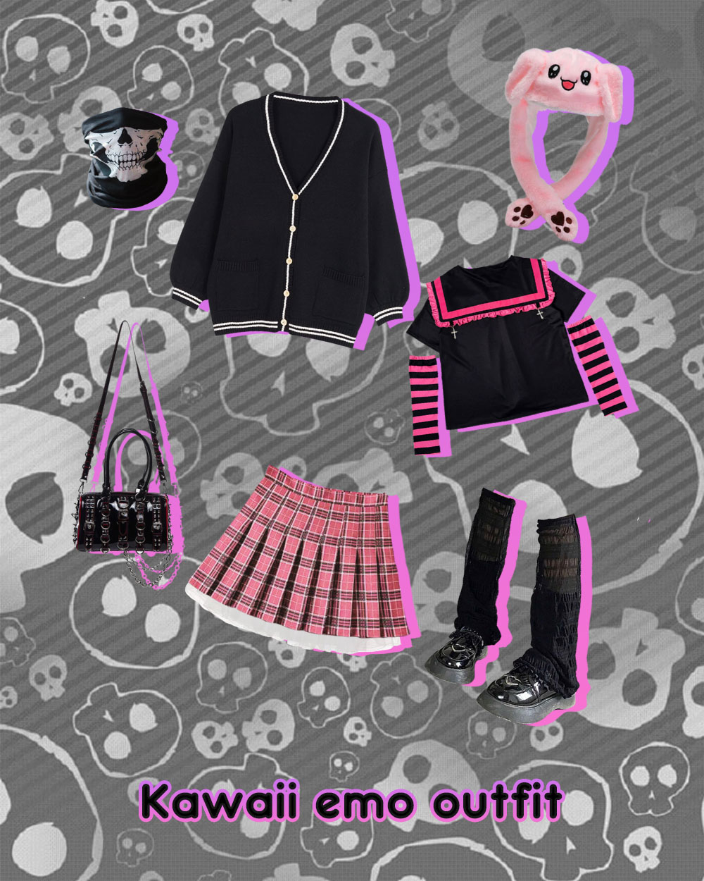 emo kawaii outfit inspiration cardigan, sailor blouse, pleated plaid miniskirt, skull mask, legwarmer, anime hat