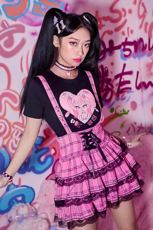 Anime Plaid Contrast Lace Ruffle Hem Skirt