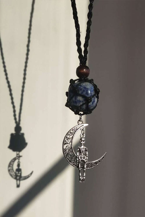 Skeleton & Moon Pendant Necklace with stone