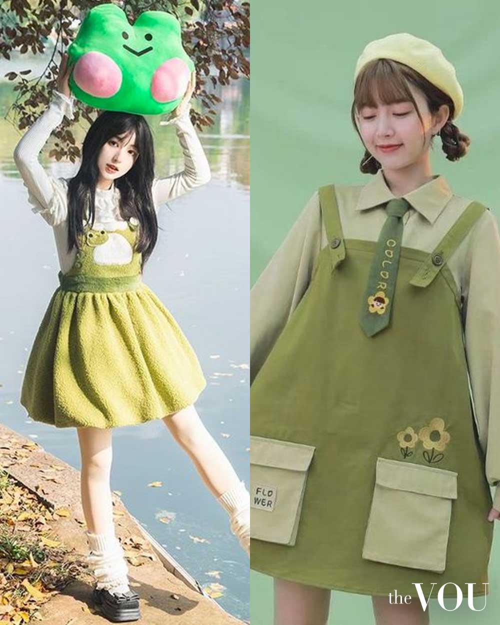 green kawaii outfits - cardigan, frog jumpsuit mini dress, tie, round collar blouse, frog vag, legwarmer, lolita shoes, apple hat, scrunchies