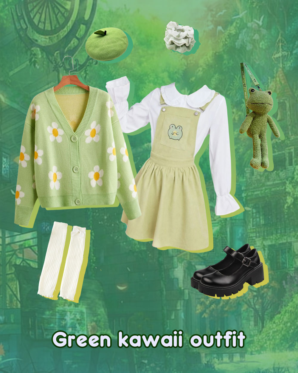 green kawaii outfits cardigan, jumpsuit mini dress, round collar blouse, frog vag, legwarmer, lolita shoes, apple hat, scrunchies