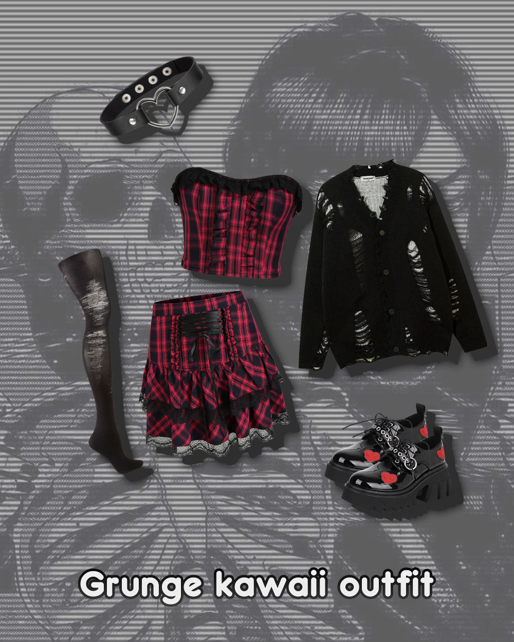 Gringe kawaii outfit inspiration - chocker, plaid corset and miniskirt set, torn thighs, platform shoes, torn cardigan