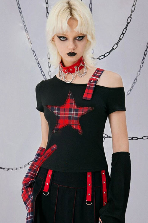  Grunge Punk Plaid & Star Patched Asymmetrical Neck Tee
