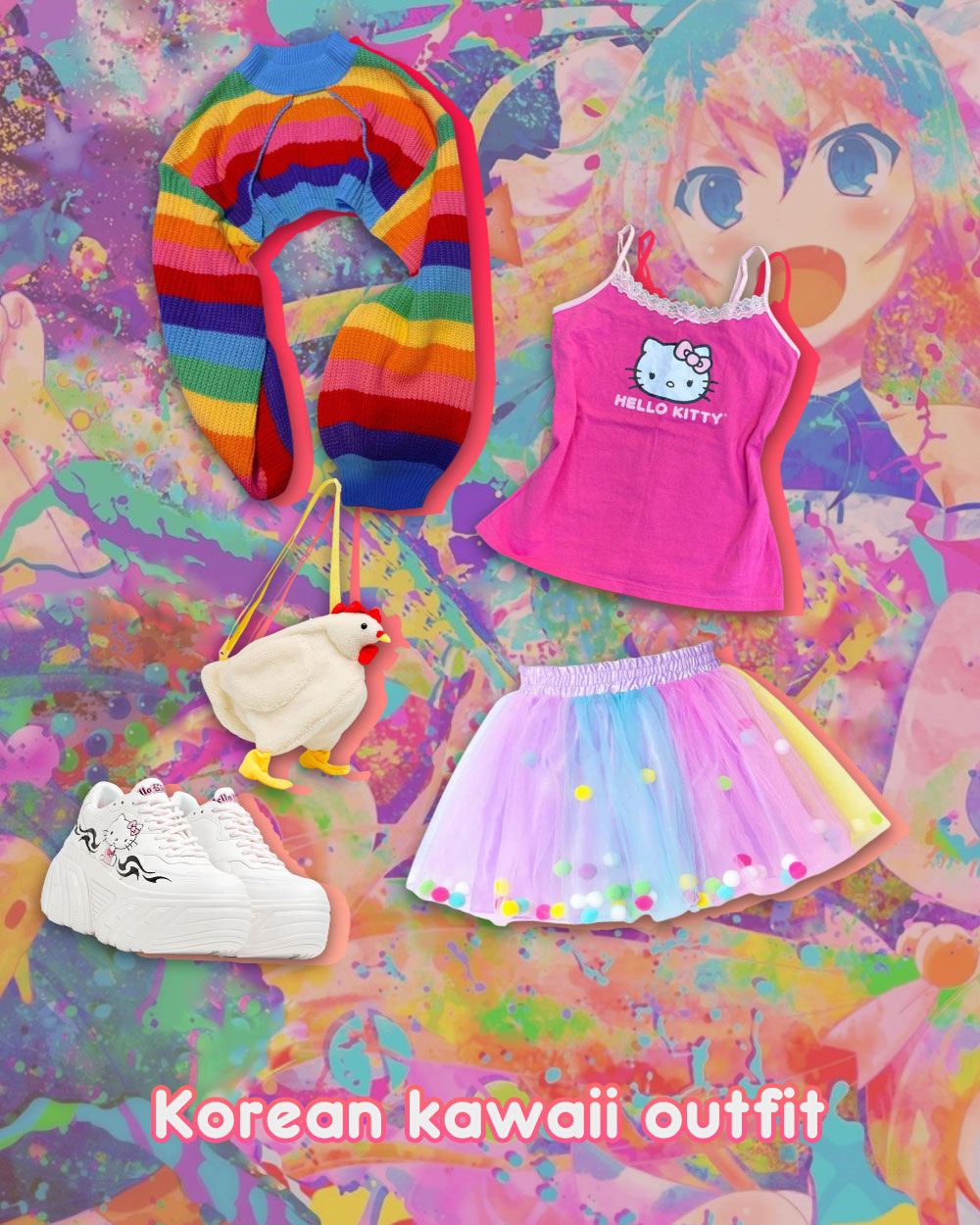 Korean kawaii outfit inspirations - rainbow crop cardigan, chicken bag, hello kitty top, rainbow miniskirts, platform sneakers