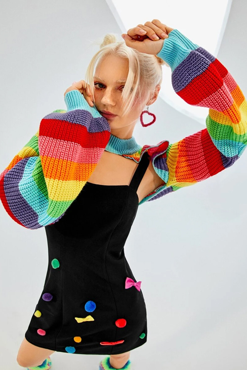 Rainbow Striped Pattern Lantern Sleeve Shrug Sweater