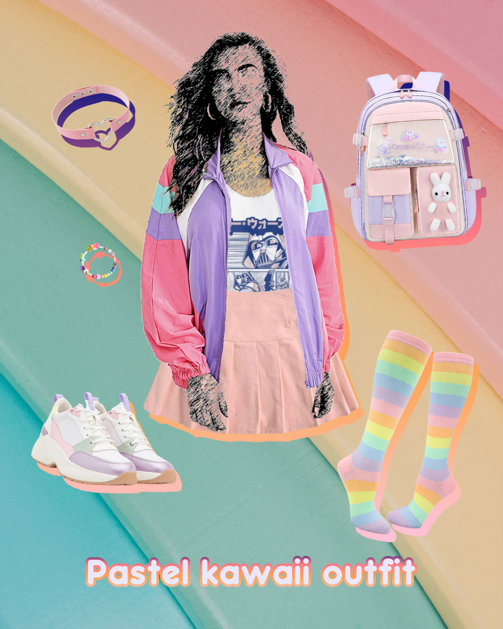 pastel kawaii outfit inspiration - bomber jacket, anime t-shirt, chocker, backpack, rainbow stockings, sneakers