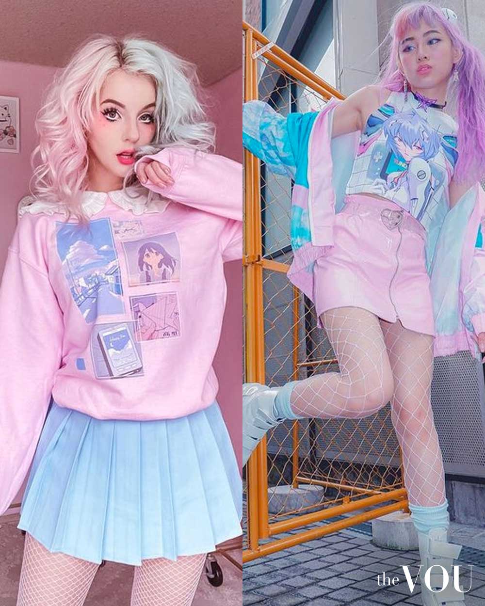 pastel kawaii outfit inspiration - anime hoodie, anime sleeveless top, pleated skirt, miniskirt, fishnet things, platform boots