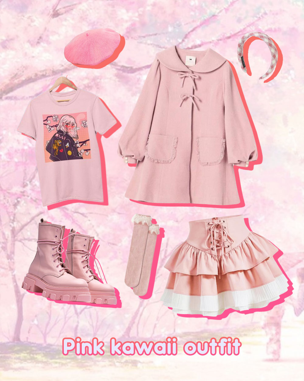 pink kawaii outfit inspiration - sailor pink coat, pink anime t-shirt, pink boots, pink laced socks, french hat, pleated pink miniskirt