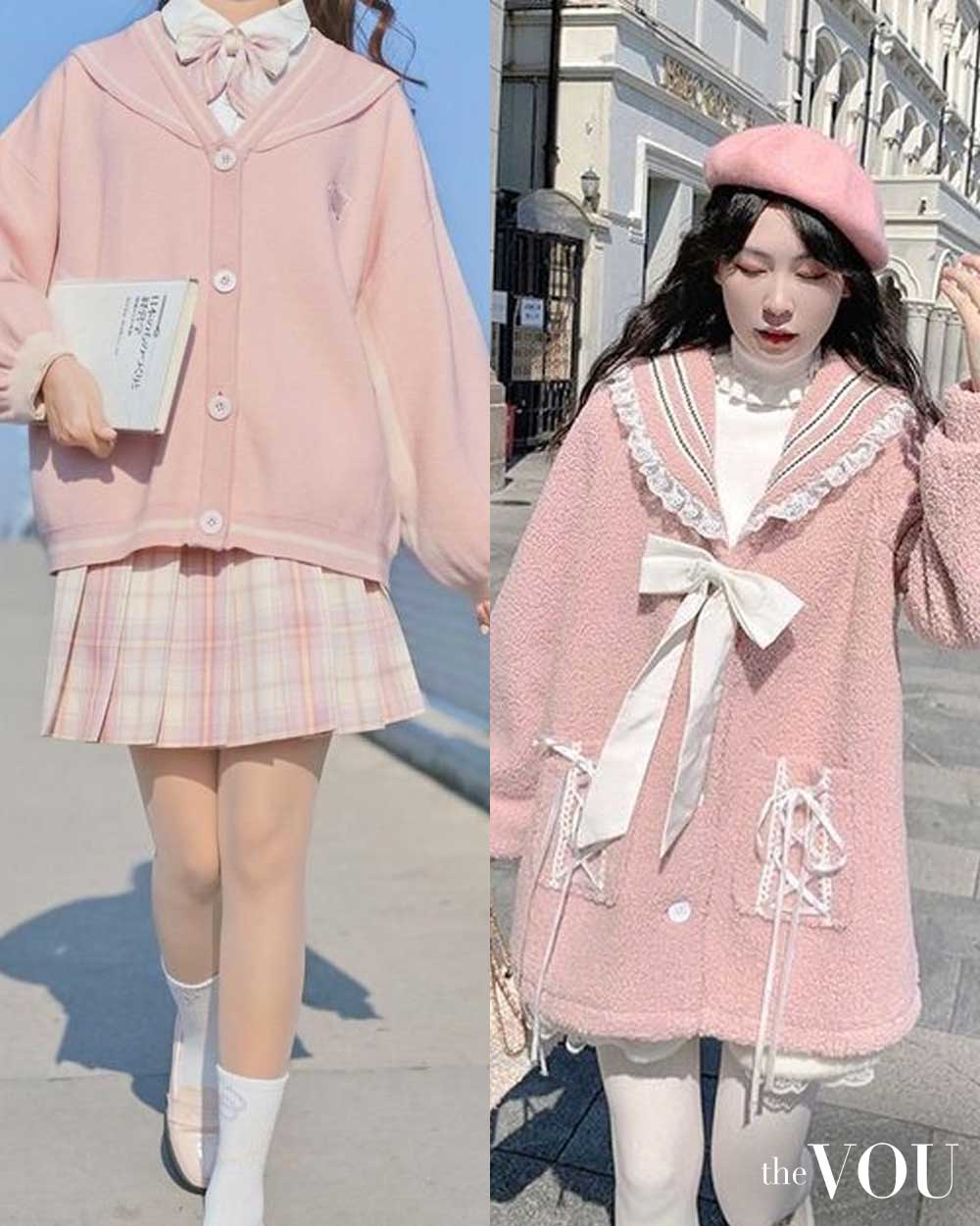 pink kawaii outfit inspiration - sailor coat, anime t-shirt, boots, socks, french hat, pleated miniskirt