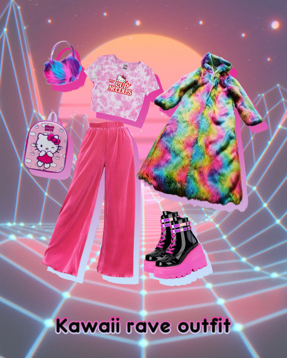 rave kawaii outfit inspiration - hello kitty crop top, hello kitty backpack, rainbow fur coat, platform boots, wide leg pants