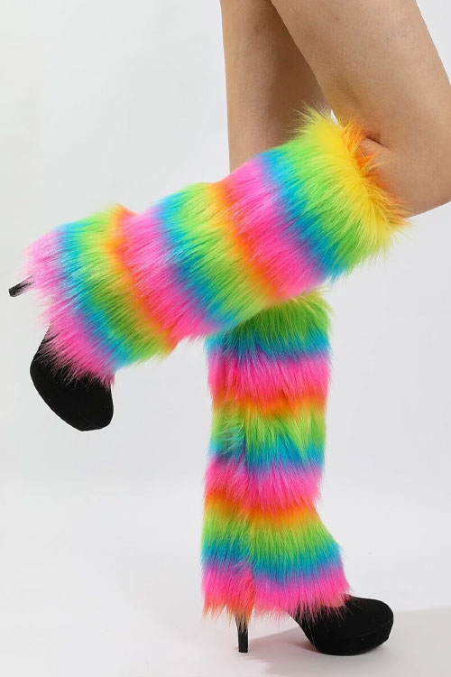 Striped Pattern Fuzzy Leg Warmers