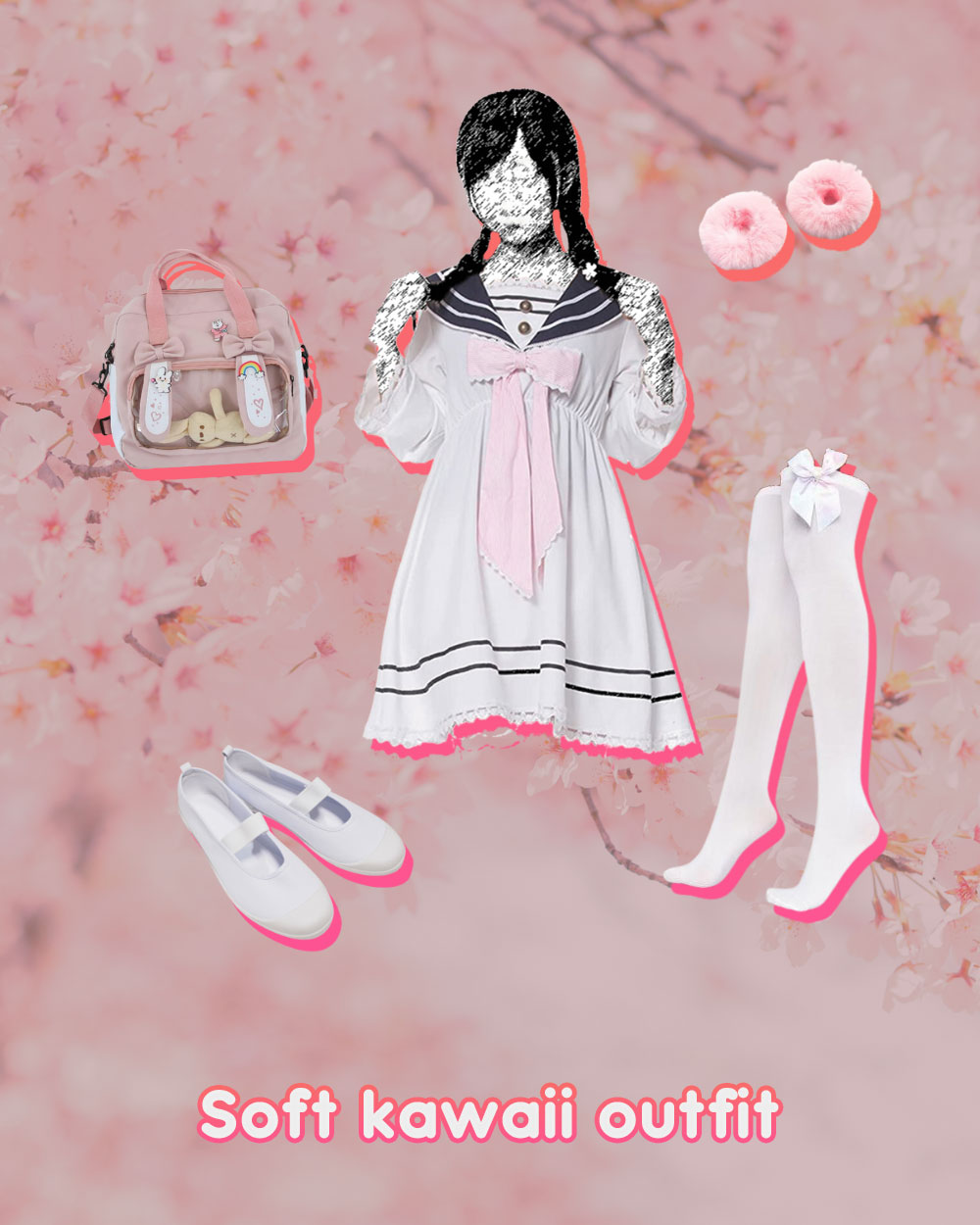soft kawaii outfit ideas - backpack, Japanese schoolgirl dress, knee high socks, furry scrunchies, balerina shoes