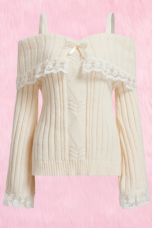 Kawaii Contrast Lace Cold Shoulder Sweater