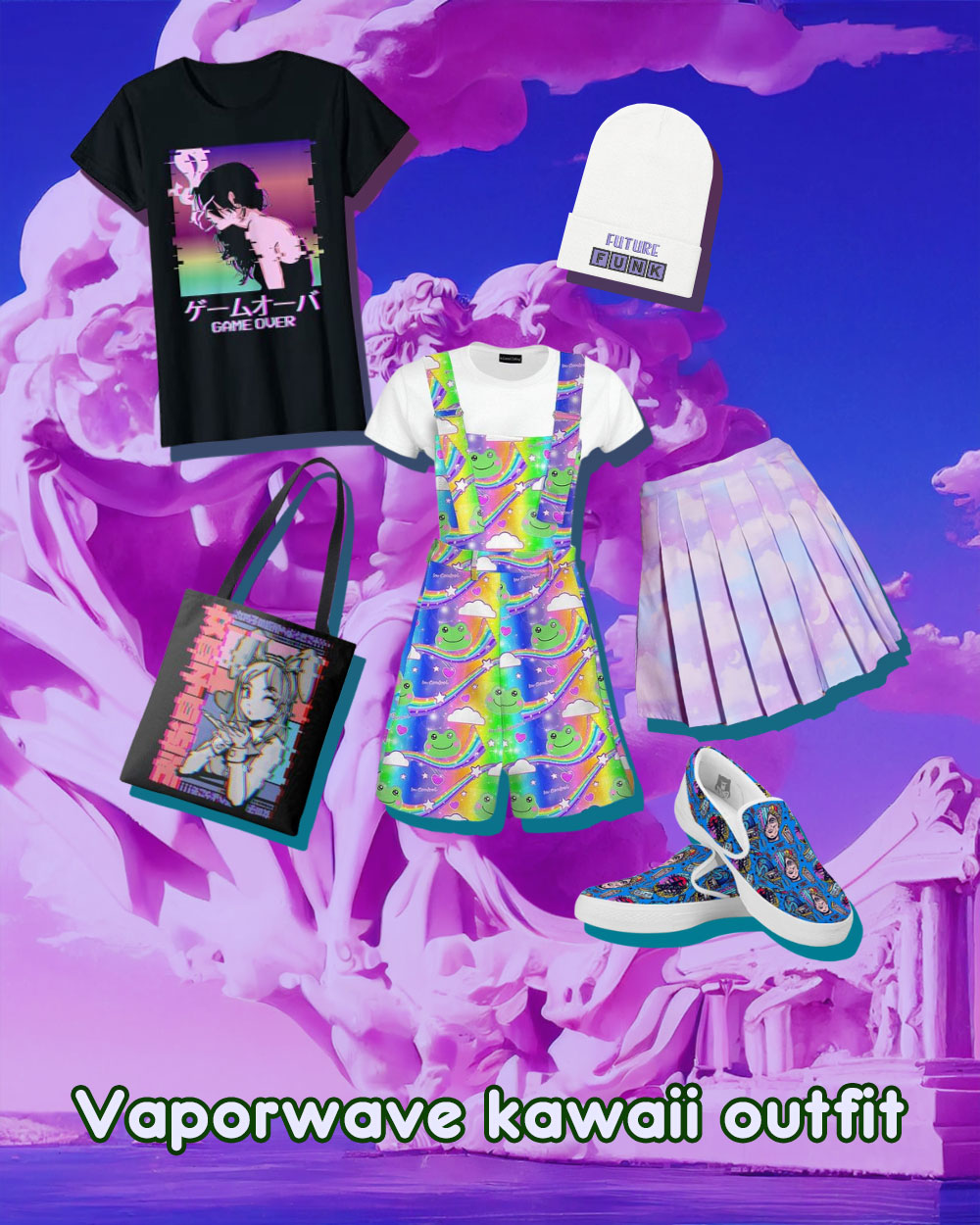 kawaii vaporwave outfit inspirations - anime t-shirt, beanie, pleated miniskirt, tote bag, boat shoes, jumpsuit