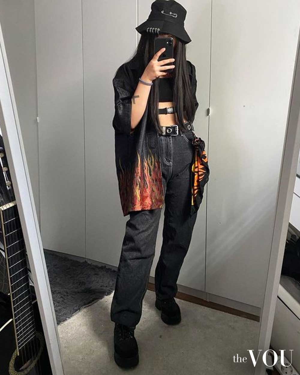 flame print oversized shirt, jeans, combat boots, bucket hats