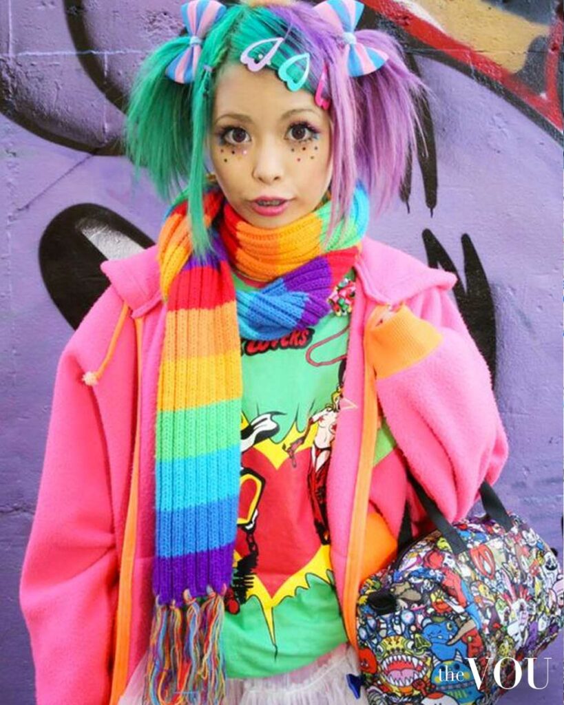 rainbow scarf, jumper, hairclips, graphic bag, bow