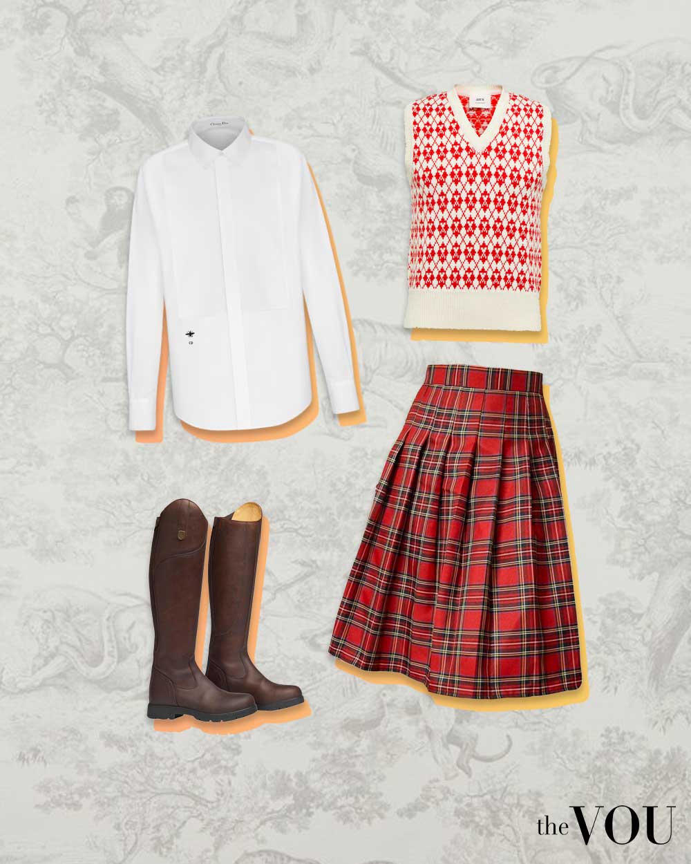 midi or maxi plaid skirt, plaid vest, white blouse, boots