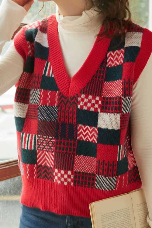 Black and red patchwork pattern sweater vest.