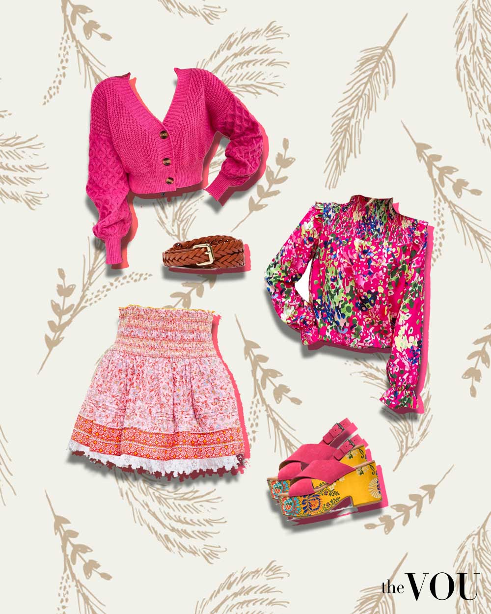 Colorful knitted puff sleeve button-up cardigan, ruffle blouse, ruffle miniskirt, high-heel sandals, boho belt