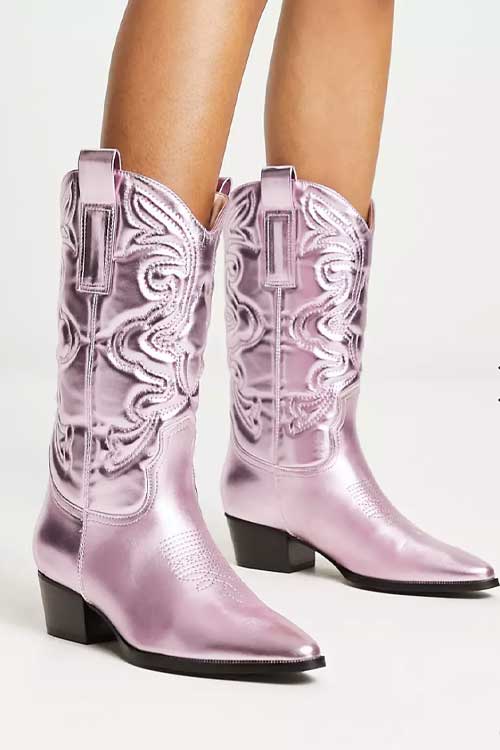 Low block heel cowboy-style boots with pointed toe and embroidery details in a metallic pink color, from Glamorous.