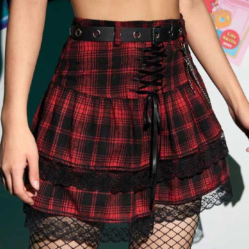 Plaid Contrast Lace Up Skirt