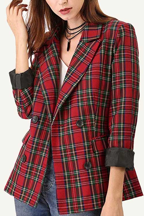 Double Breasted Plaid Formal Blazer Jacket