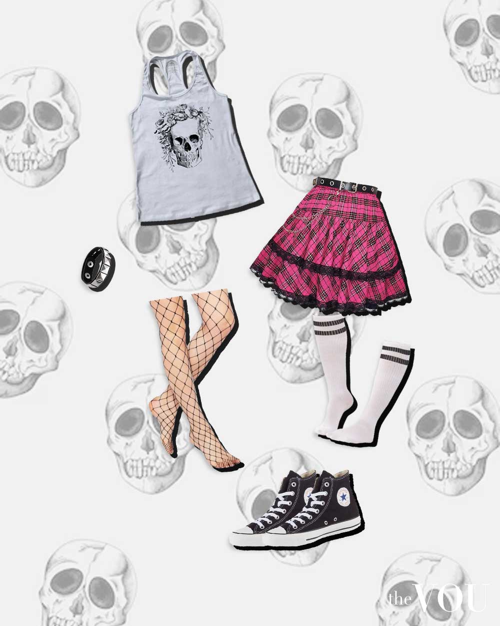 skull print tee, plaid pleated skirt, fishnet thighs, studded bracelet, striped socks, high-top sneakers