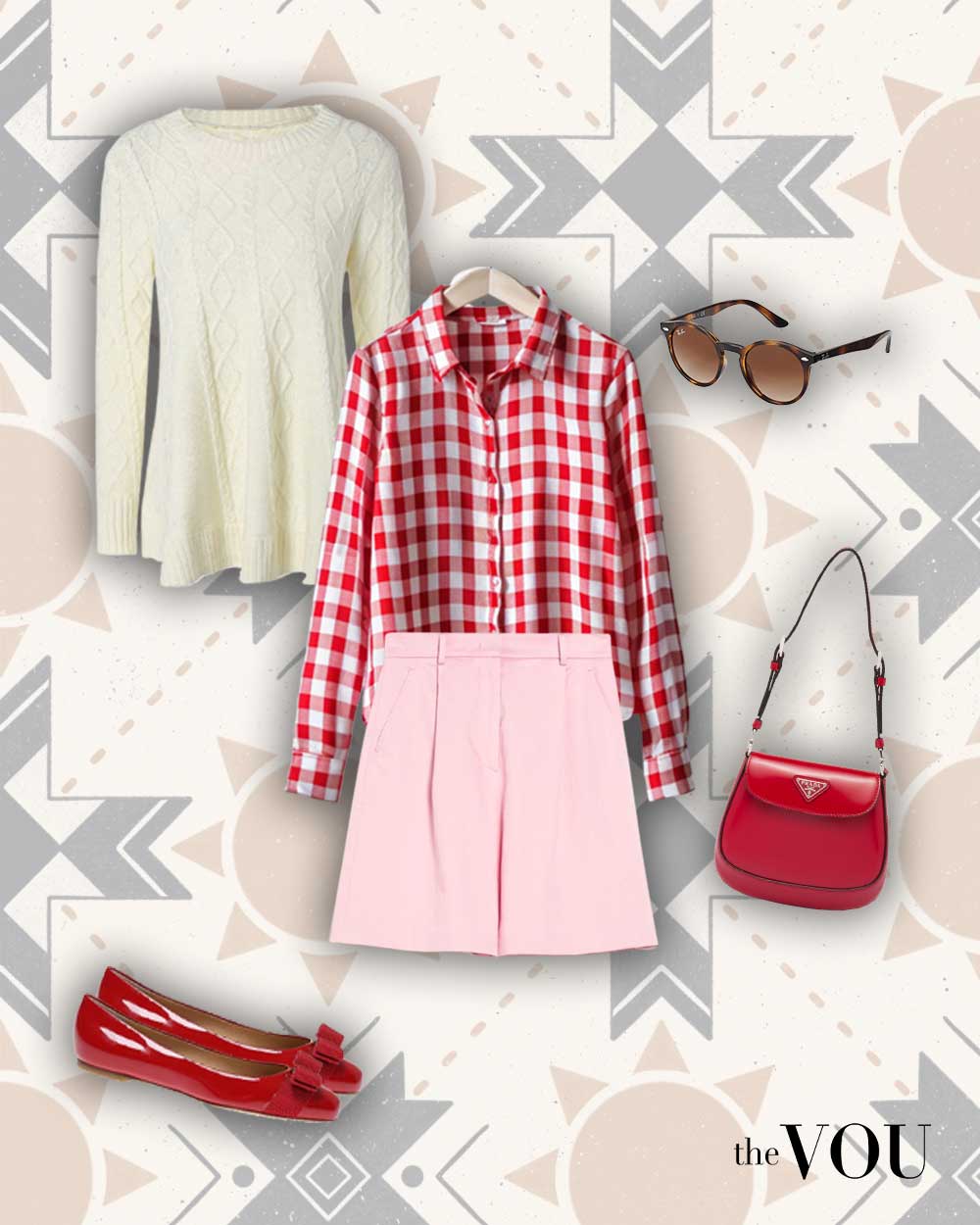 cable knit sweatshirt in white, long-sleeve button-down collar blouse with gingham pattern, round shaped sunglasses with animal pattern, linen Bermuda shorts with darts in pastel pink, soulder bag in red patent leather, ballet flats with a bow on the front in red patent leather