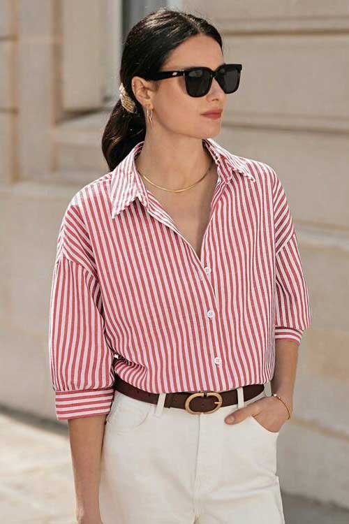 half-sleeve button-down collar blouse with stripe pattern