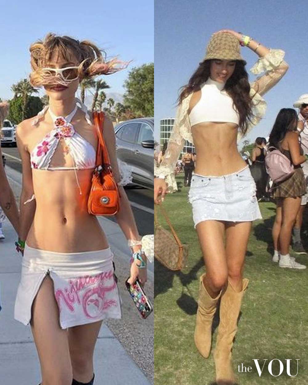 bikini top, split mini skirt, shoulder bag, sunglasses, knee-high boots