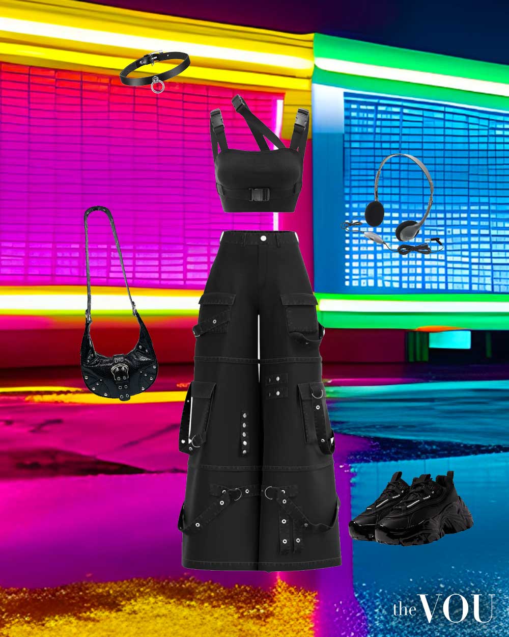 crop top with harnesses, chicker, cargo shoulderbag, cargo pants, chunky sneakers