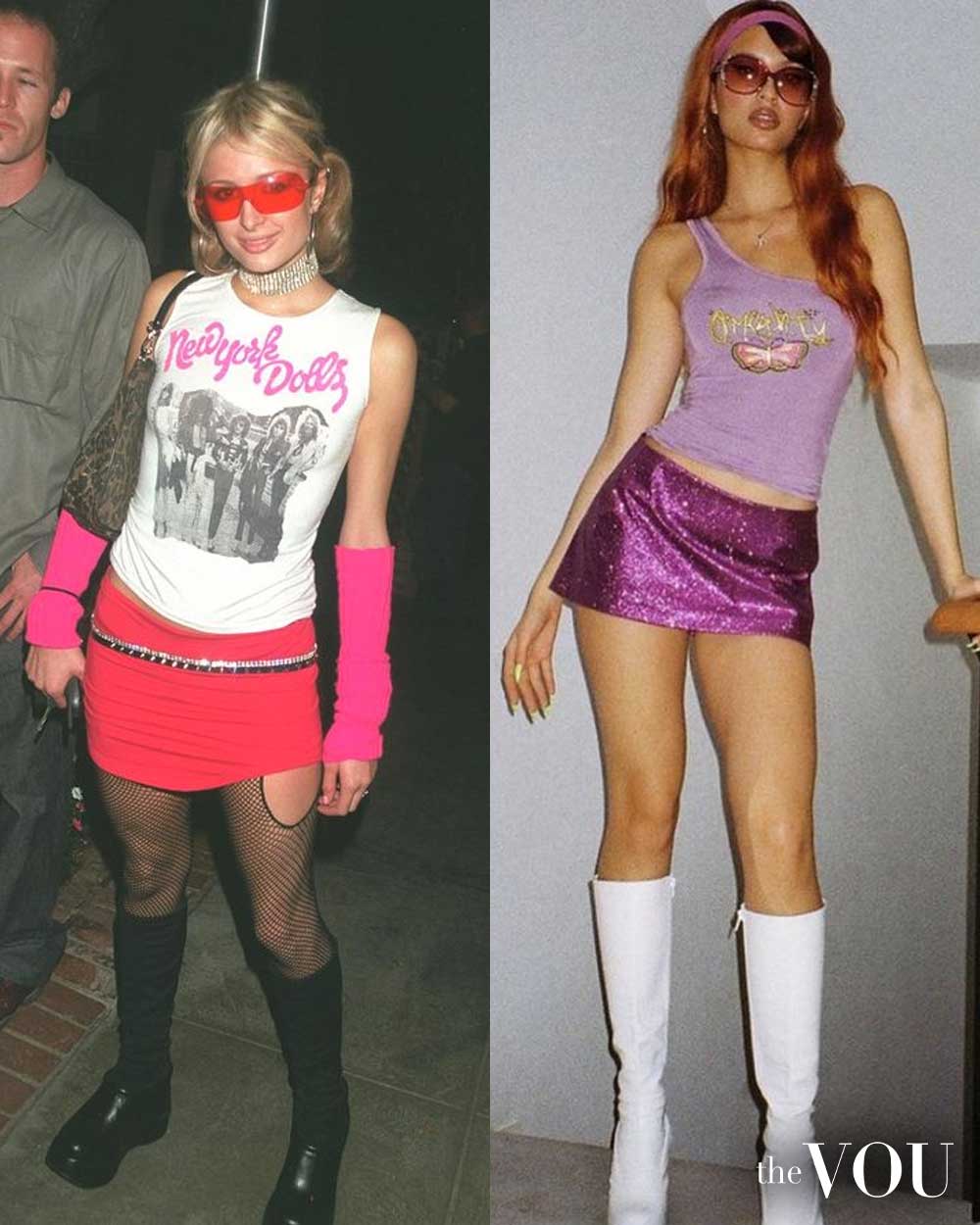 Paris Hilton 2yk clubbing outfit miniskirt, tank top, shoulder bag, knee-high boots, statement sunglasses