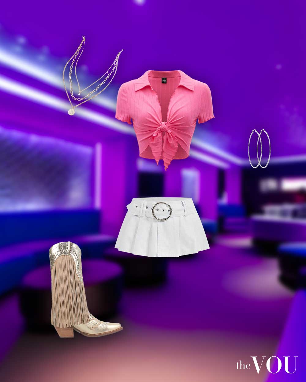 front-tie crop-top, low-rise mini skirt, fringe boots, hoop earrings