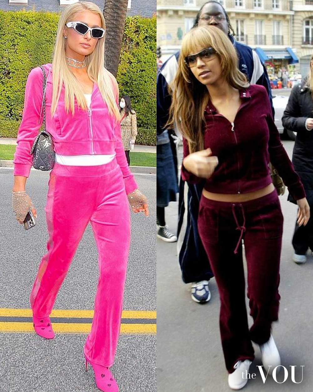 crop zip-up hoodie, straight leg pants, sneakers or high heels - Beyonce and Paris Hilton