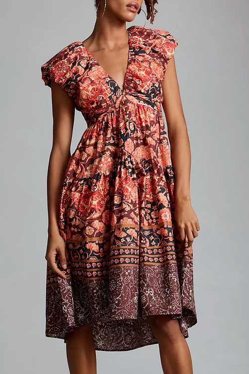 floral Printed V-Neck Midi Dress with Side seam pockets Side zip
