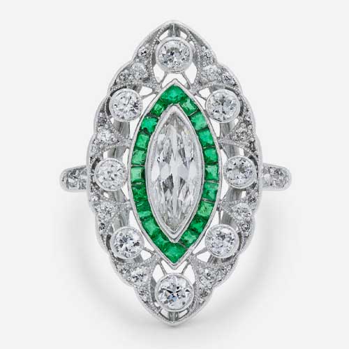 Edwardian Marquise Diamond and Emerald Ring
