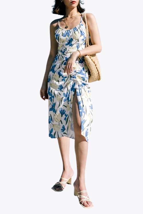 floral satin fully-lined midi dress A-line skirt with adjustable slit length