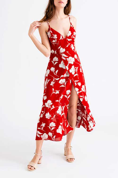 red floral sleeveless midi dress with a slit