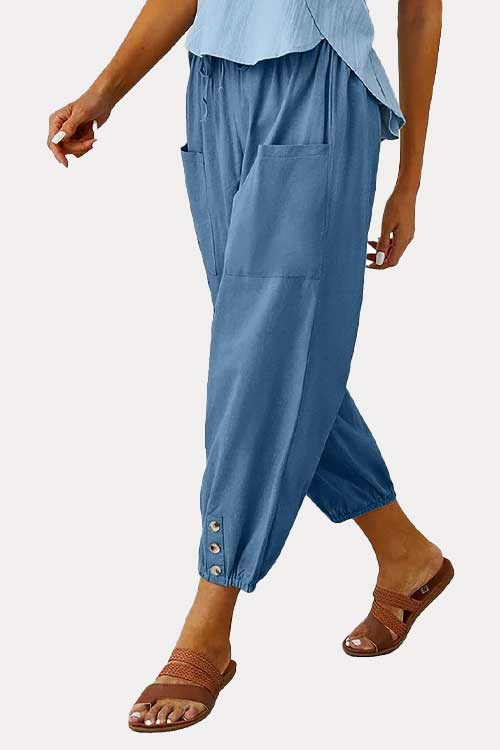 Women's High Waist Pants Drawstring Capri Pants with Pockets Wide Leg Cropped Pants for Women